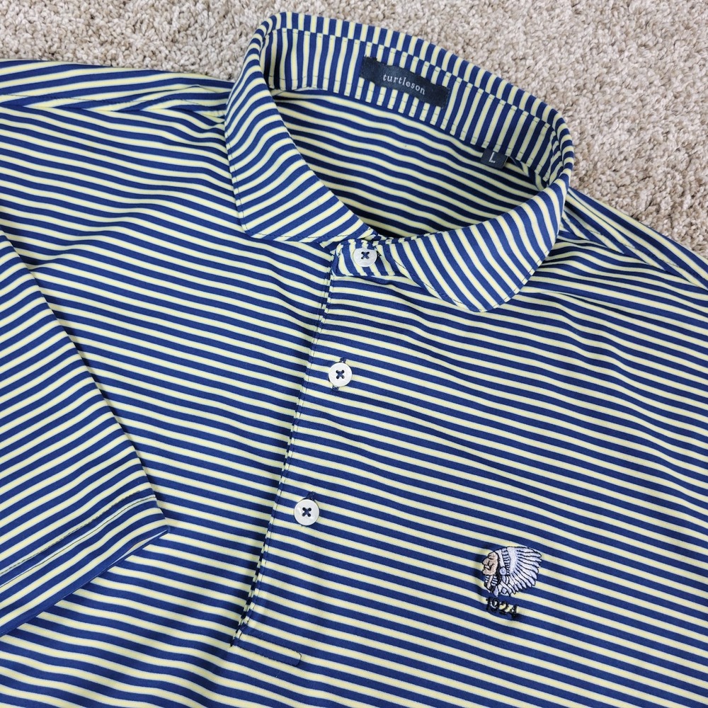 Turtleson Mens Large Blue Yellow Striped Performance Stretch Golf Polo‎ SS
